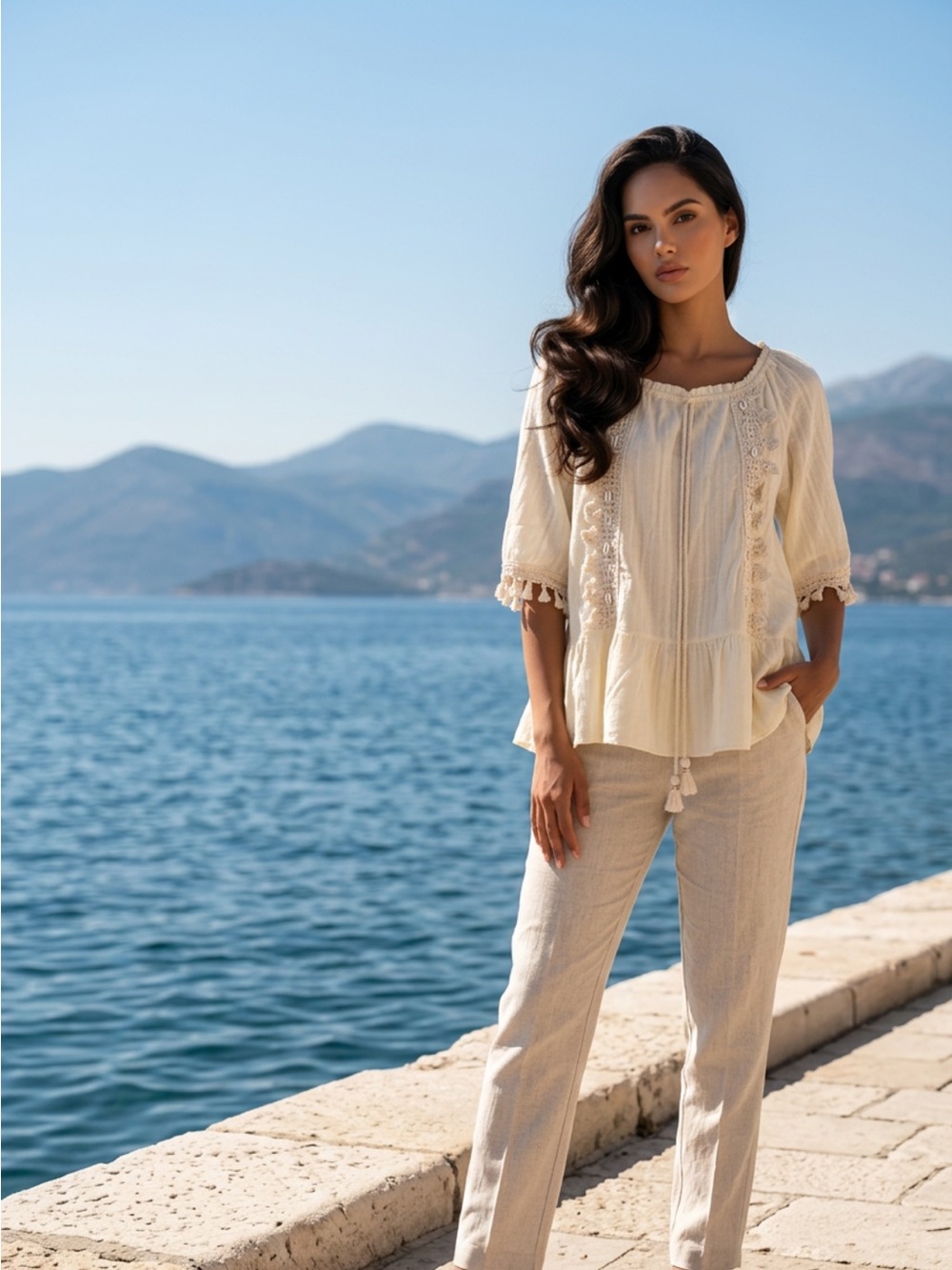 Boho Cream Lace-Trim Peasant Blouse